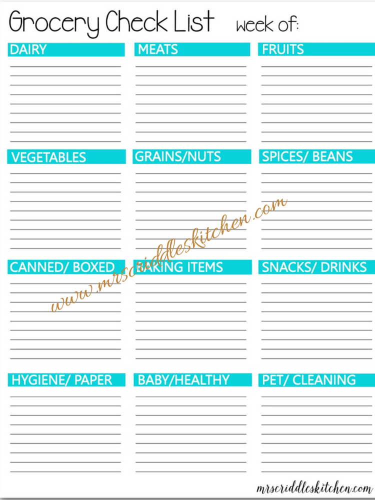 Grocery List to go with the Weekly Menu!