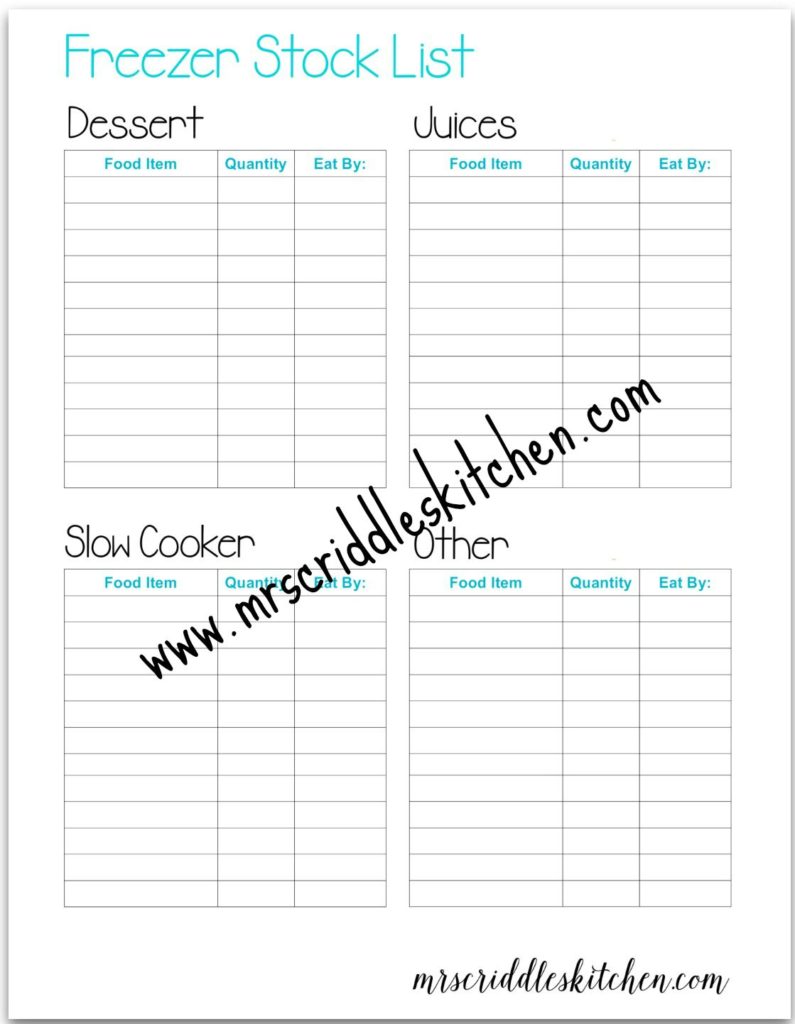 A free Printable Freezer Stock List