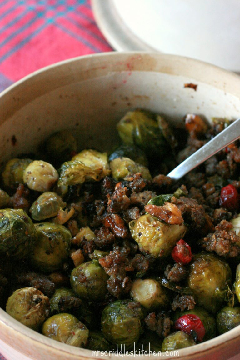 Brussel Sprouts with Sausage & Candied Walnuts Mrs. Criddles Kitchen