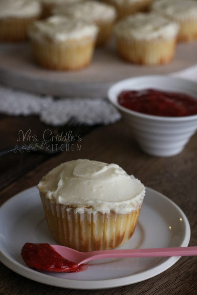 Low Carb Vanilla Cupcakes with Cream Cheese Frosting and Strawberry Jam Filling