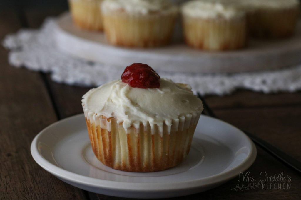 Low Carb Vanilla Cupcakes with Cream Cheese Frosting and Strawberry Jam Filling