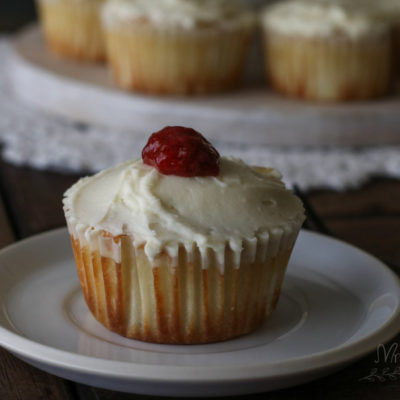 Low Carb Vanilla Cupcakes with Cream Cheese Frosting and Strawberry Jam Filling